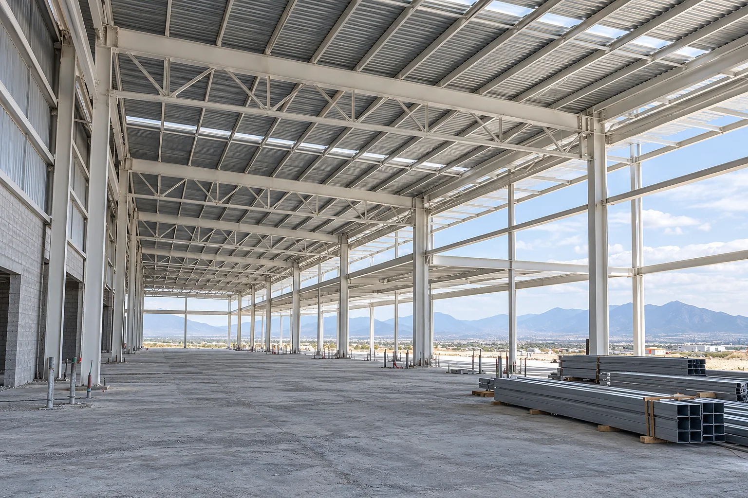 Visualización fotorealista de una nave industrial en construcción, basada en una fotografía de referencia