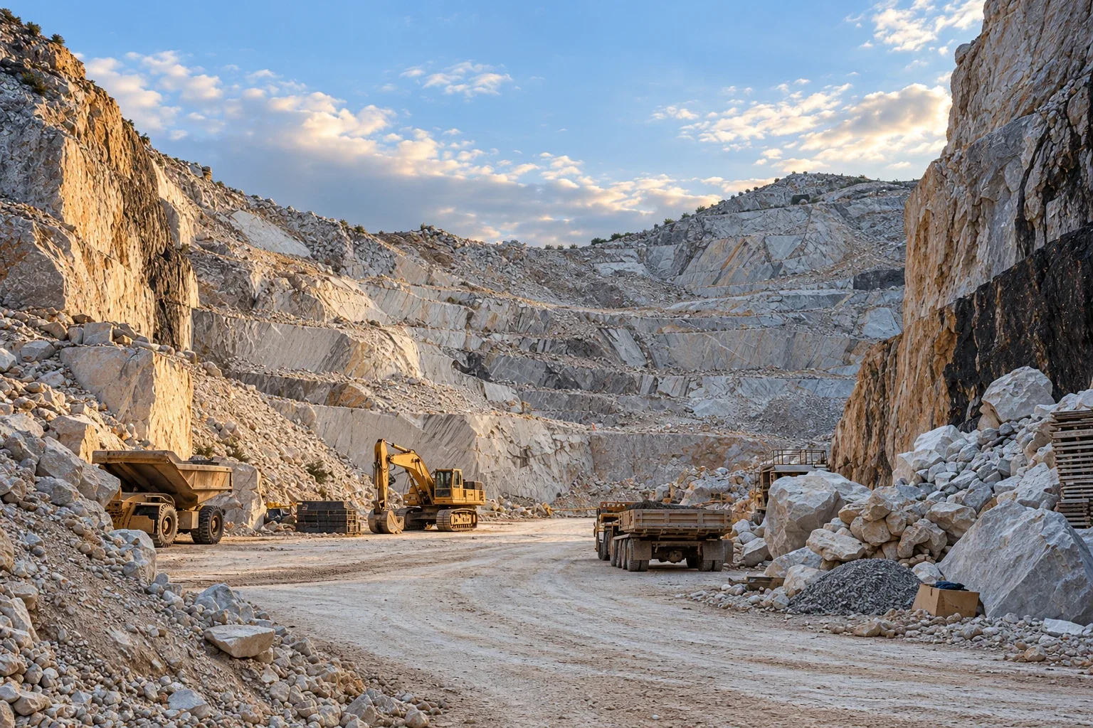 Conceptual visualization of the quarry, based on the client's reference, with equipment between limestone walls