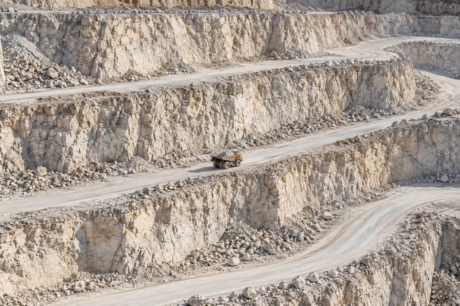 Conceptual visualization of a limestone quarry with extraction benches and a truck