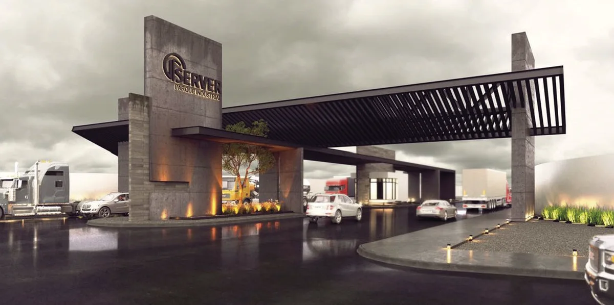 Acceso al parque industrial: pórtico de concreto con el emblema Server