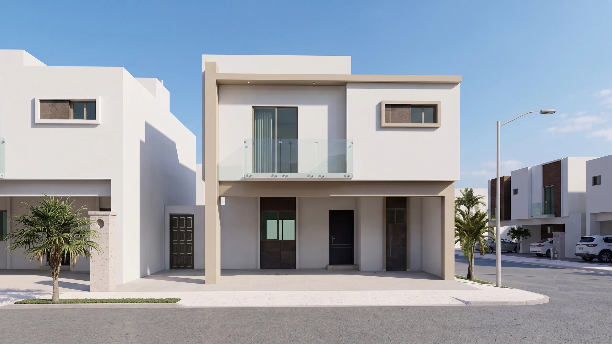 Fachada del modelo Grecia en Las Misiones: casa de dos niveles con balcón de cristal y cochera techada