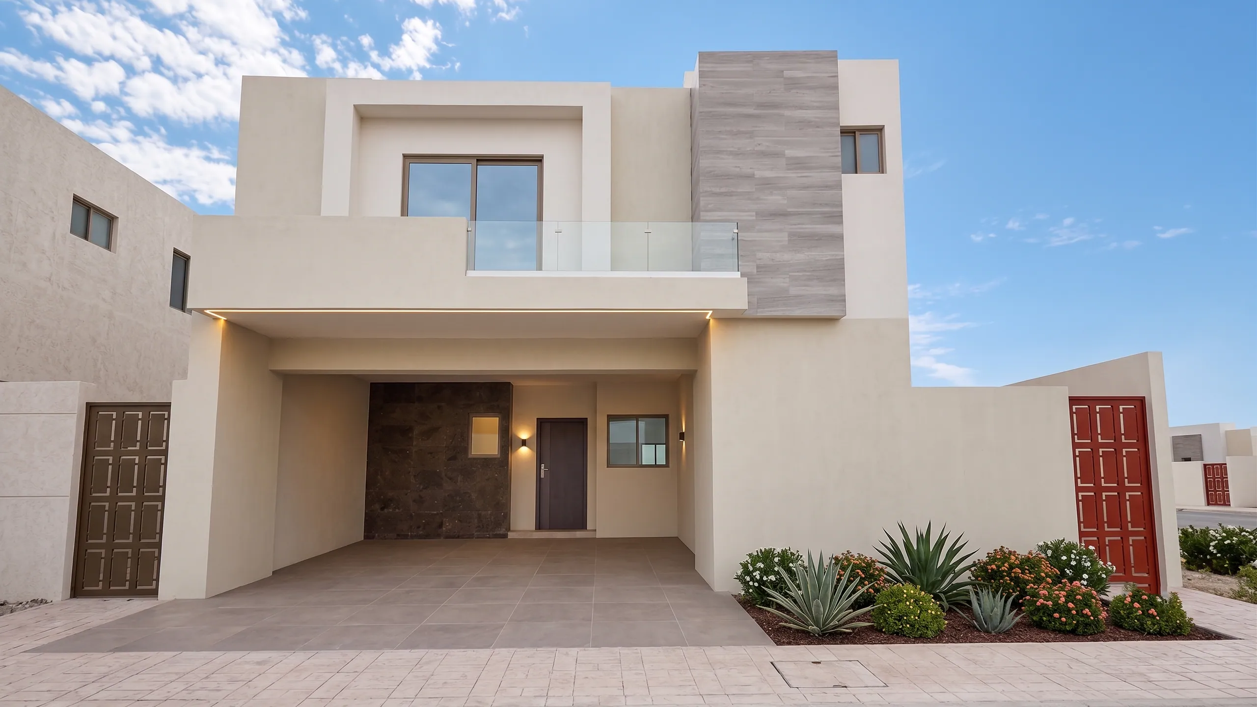 Fachada del modelo Turín en Las Misiones: acabado en piedra laja, balcón de cristal y jardín con agaves