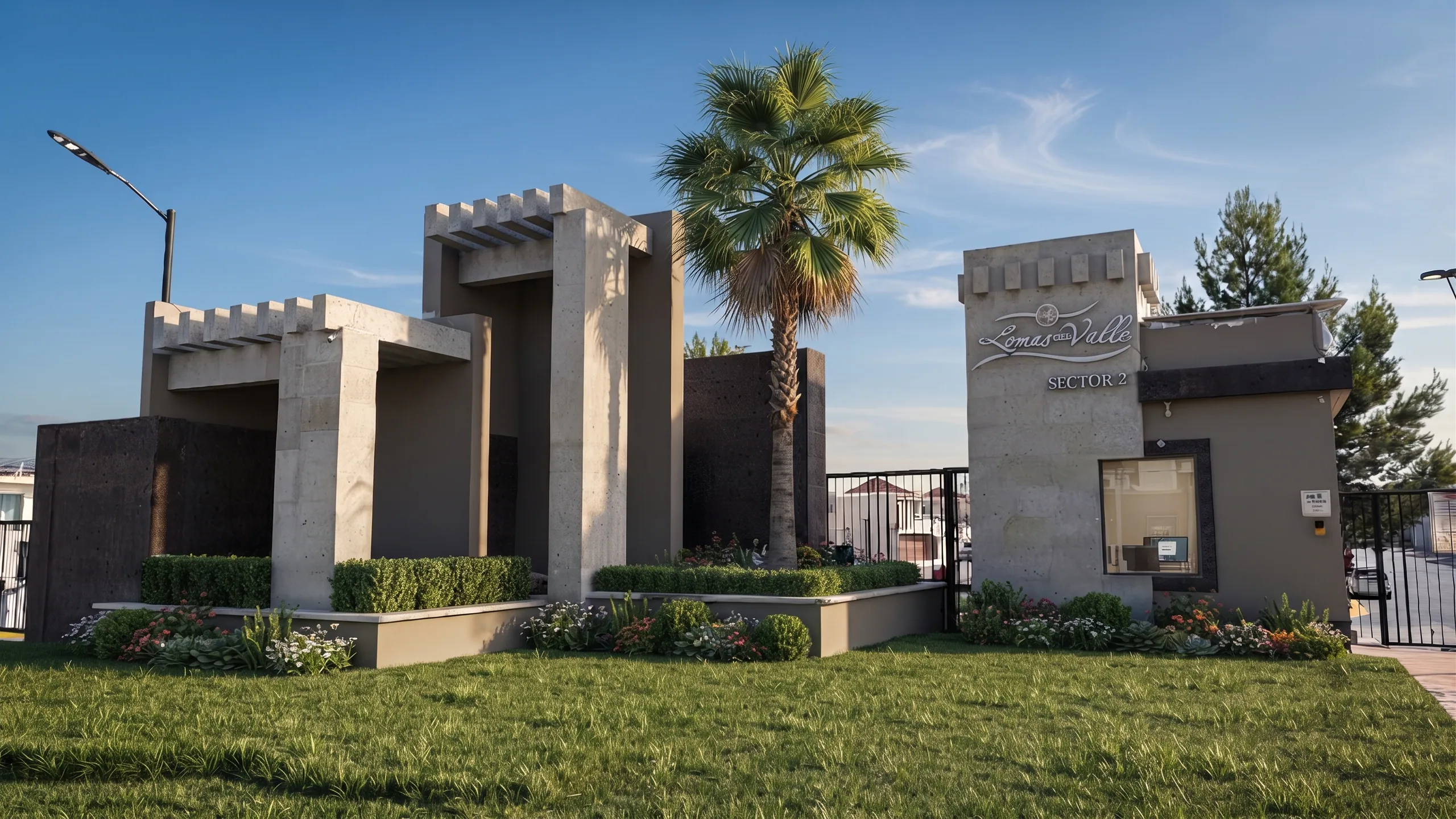 Acceso a Lomas del Valle: monumento con arcos de concreto y letrero del Sector 2