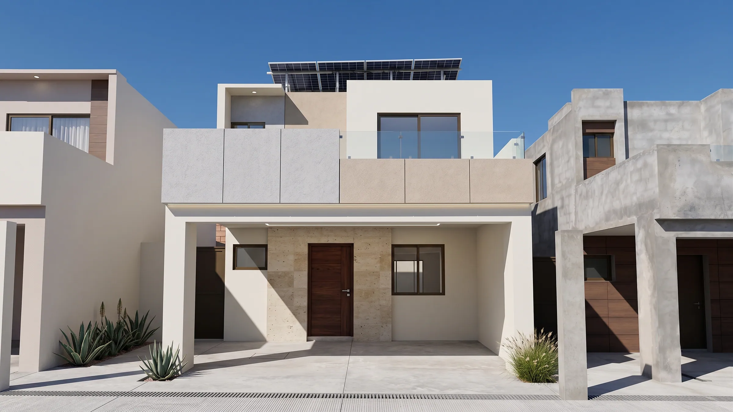 Fachada del modelo Roma en Lomas del Valle: casa de dos niveles con paneles solares y cochera techada