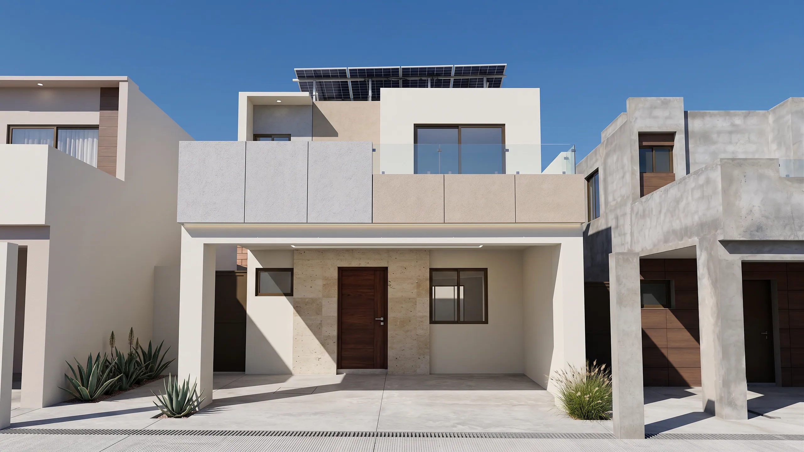 Fachada del modelo Roma en Lomas del Valle: casa de dos niveles con paneles solares y cochera techada